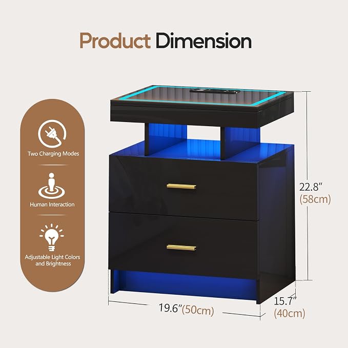 LED Nightstand Set 2 with Wireless Charging Station,Black Night Stand with 2 Drawers,Glass Top Smart Bedside Table,Modern End Table Side for Bedroom,Living Room,Office - Image 2