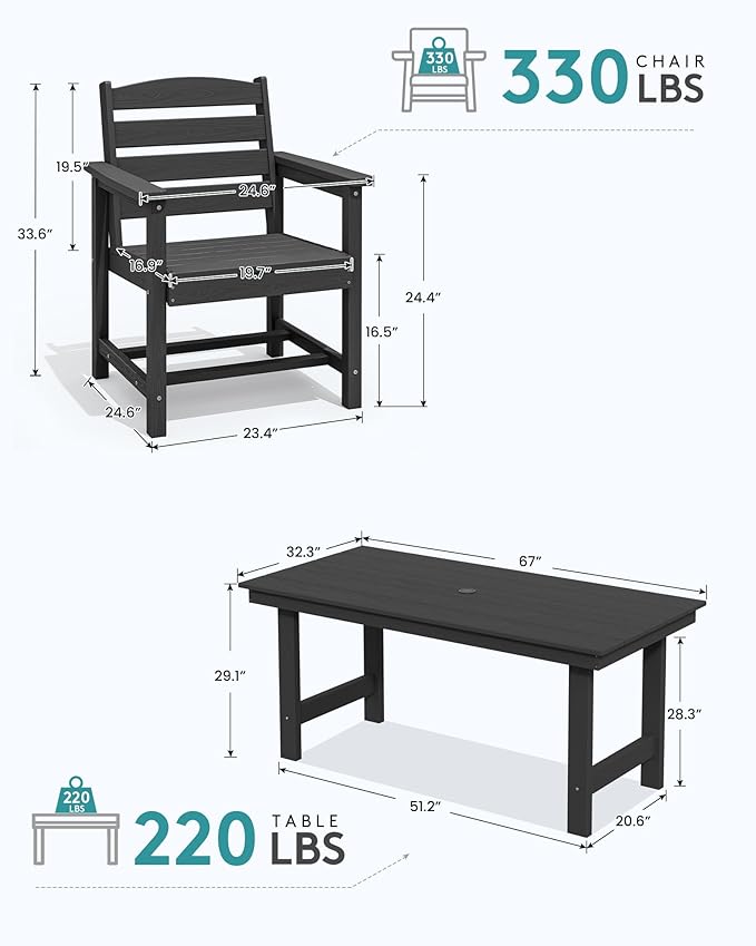 SERWALL Patio Dining Table and Bench Set for 6, Black - Image 4