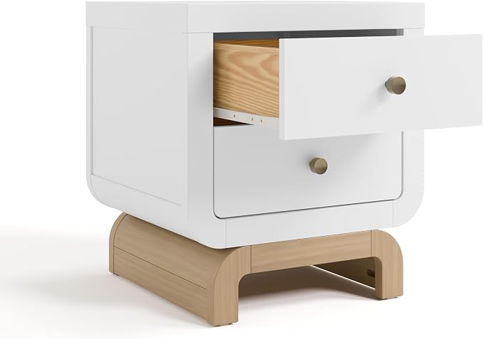 Storkcraft Santorini 2 Drawer Nightstand (White & Driftwood) - GREENGUARD Gold Certified Nightstand for Kids Bedroom, Premium Wood with Curved Base, “Champagne” Metal Knobs - Image 9