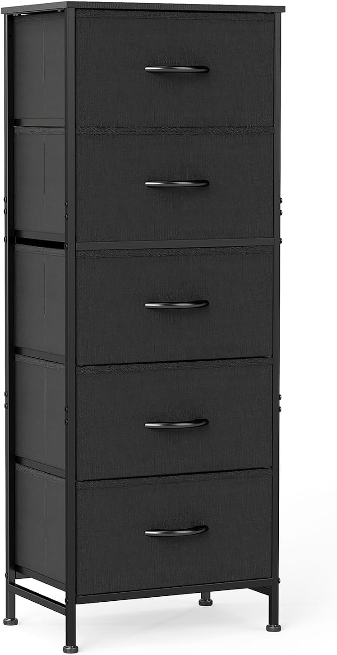DUMOS Nightstand with 5 Drawers Bedside Table with Removable Fabric Bins Sturdy Steel Frame Wood Top Organizer Furniture for Bedroom Closet Living Room, Black by DumosLifestyle