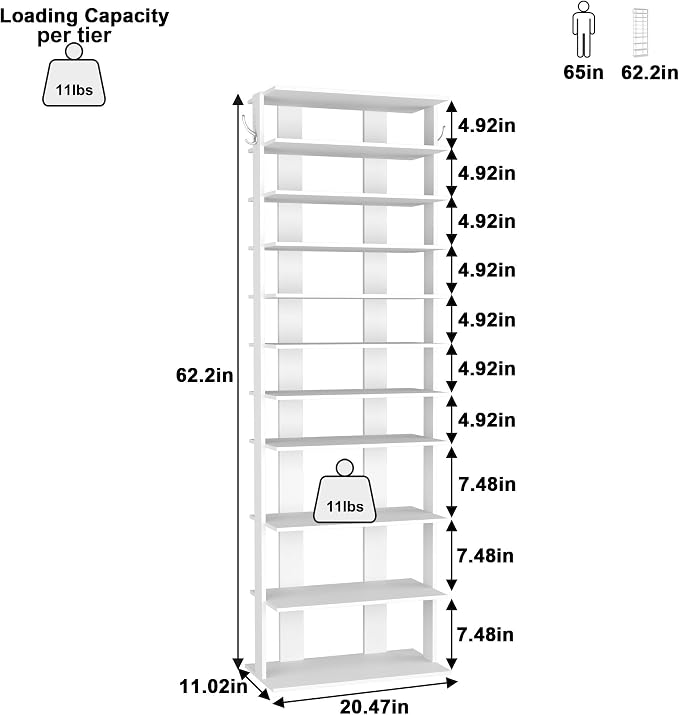 HOMEFORT 10-Tier Corner Shoe Tower - Double Rows, Slim Shoe Stand for 20 Pairs - Entryway, Hallway, Closet (White) - Image 3