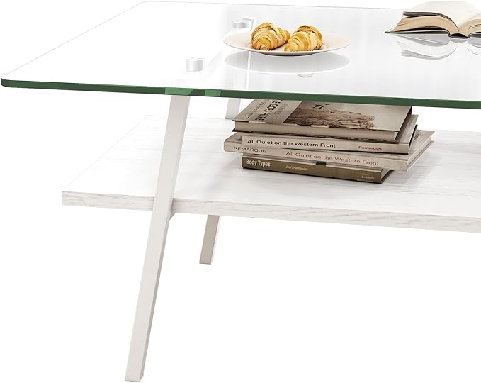 IANIYA Glass Coffee Table for Living Room Small Gold Mid Century Coffee Table for Living Room with Wood Shelves (White Frame, Transparent Glass + White Wood)