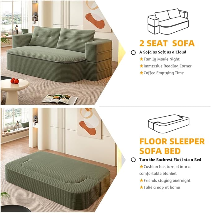78.7" Convertible Sofa Bed, 2-in-1 Folding Floor Couch with 2 Pillows and Blanket, Plush Corduroy Fabric Sleeper Sofa for Living Room and Bedroom, No Assembly Required (Green)