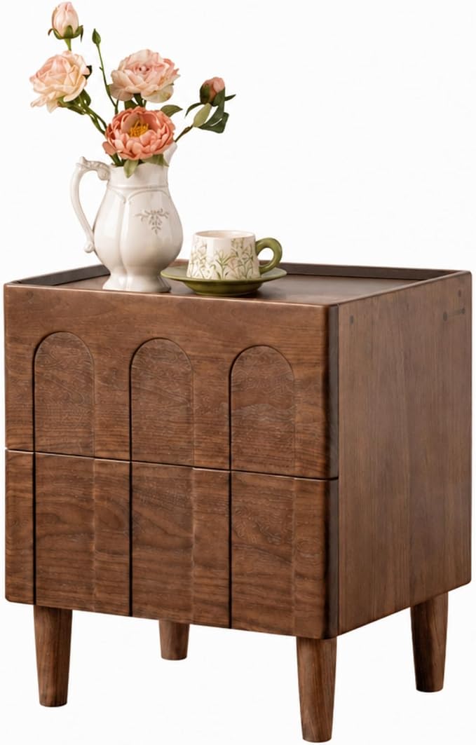 YESWOOD Solid Walnut Nightstand, Mid Century Modern Nightstands with 2 Arched Drawers, Small Bedside Table for Low Bed, Wooden Night Stand for Bedroom, Wood Side End Tables Living Room by YESWOOD