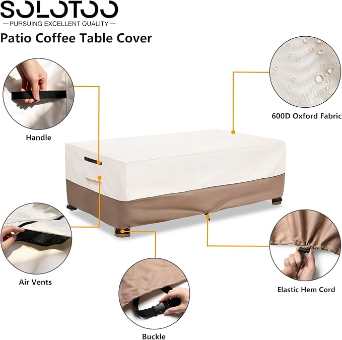Outdoor Coffee Table Cover Waterproof, Heavy Duty Patio Rectangular Side Table Covers, 42W x 26D x 16H Inches Outdoor Tables Cover (Beige) - Image 4