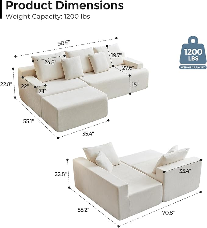 Boneless Couch, L Shaped Cloud Couches for Living Room, Comfy Fluffy Modular Sectional Sofa, Deep Seat Memory Foam Lounger with Left Facing Chaise, Free Combination, Beige