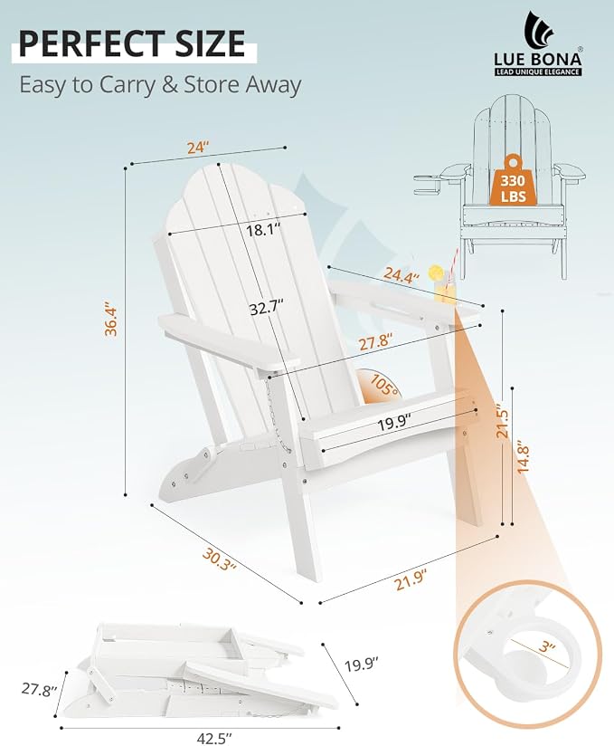 LUE BONA HDPE Folding Adirondack Chairs Set of 4 - Weather Resistant Seating with Cup Holder for Patio, Fire Pit, Deck & Resort Garden, White - Image 3