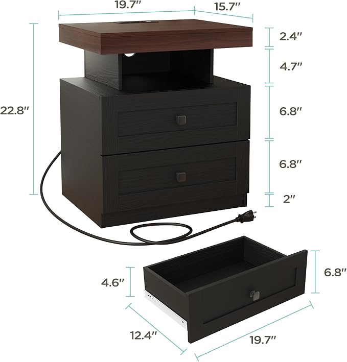 MHOM Farmhouse LED Nightstand Set of 2, Wood Bedroom Side Table with Charging Station, Rustic End Table with Drawers for Bedroom, Antique Black - Image 2