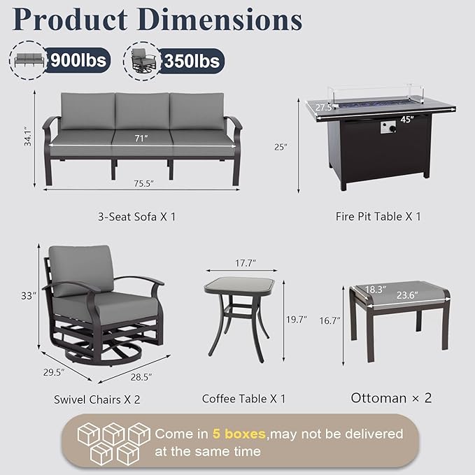 ALAULM Aluminum Patio Furniture Set with Propane Fire Pit Table Metal Outdoor Furniture w/Fire Pit Sectional w/5.1" Cushions and 7 Seats for Backyard, Poolside - Grey