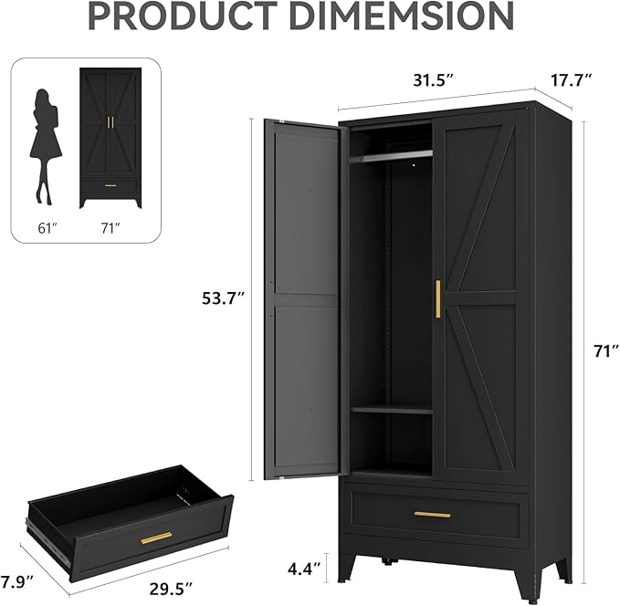 Metal Wardrobe Cabinet, 71" Tall Armoire Wardrobe Closet with Drawer,Hanging Rod and Adjustable Shelf, Farmhouse Clothing Storage Cabinet for Bedroom, Laundry