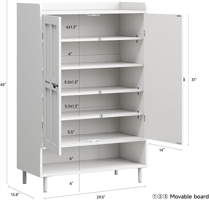 ONBRILL Shoe Storage Cabinet with Cross Molding Doors, 6-Tier Farmhouse Shoe Cabinet with 3 Adjustable Shelves and Metal Legs, 45'' Tall Shoes Rack Organizer Cabinet for Entryway, Front Door, White - Image 2