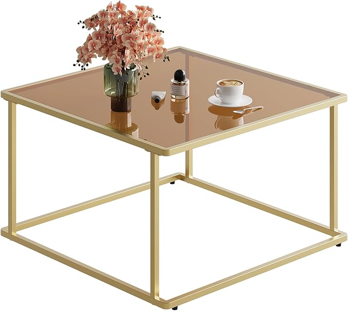 WLIVE Coffee Table, Glass Coffee Table for Living Room, Modern Small Coffee Table with Tempered Glass & Metal Frame, Square Center Table for Small Spaces Apartment, Office, 26.4 x 26.4in, Gold