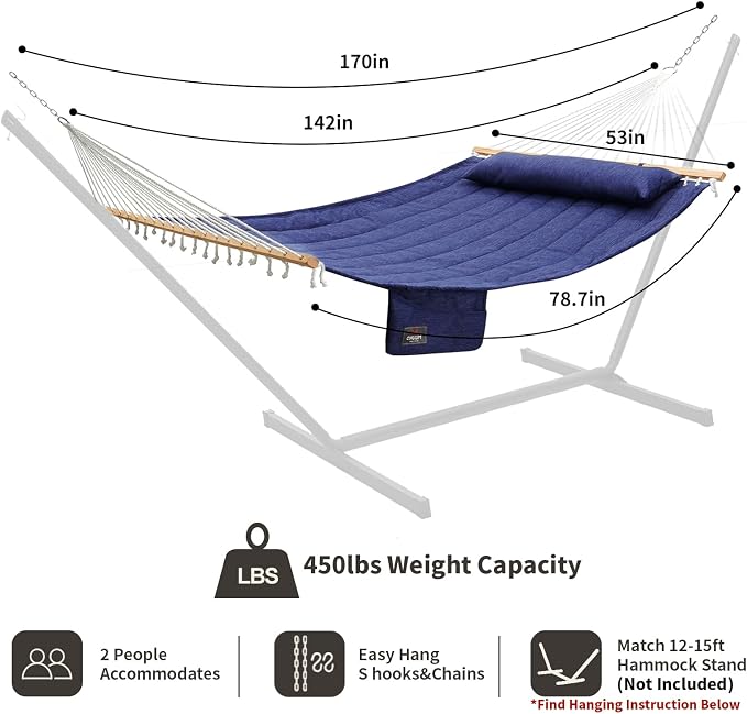 Double Quilted Fabric Hammock with Hardwood Spreader Bars and Pillow 450 LBS Capacity 2 Person Large Hammock for Outdoor Patio Backyard Poolside - Dark Blue - Image 2