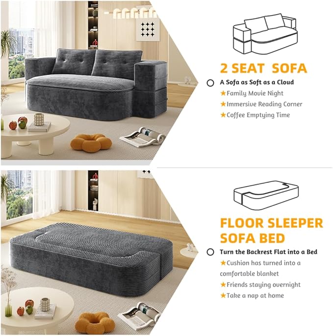 78.7" Convertible Sofa Bed, 2-in-1 Folding Floor Couch with 2 Pillows and Blanket, Plush Corduroy Fabric Sleeper Sofa for Living Room and Bedroom, No Assembly Required (Dark Grey)