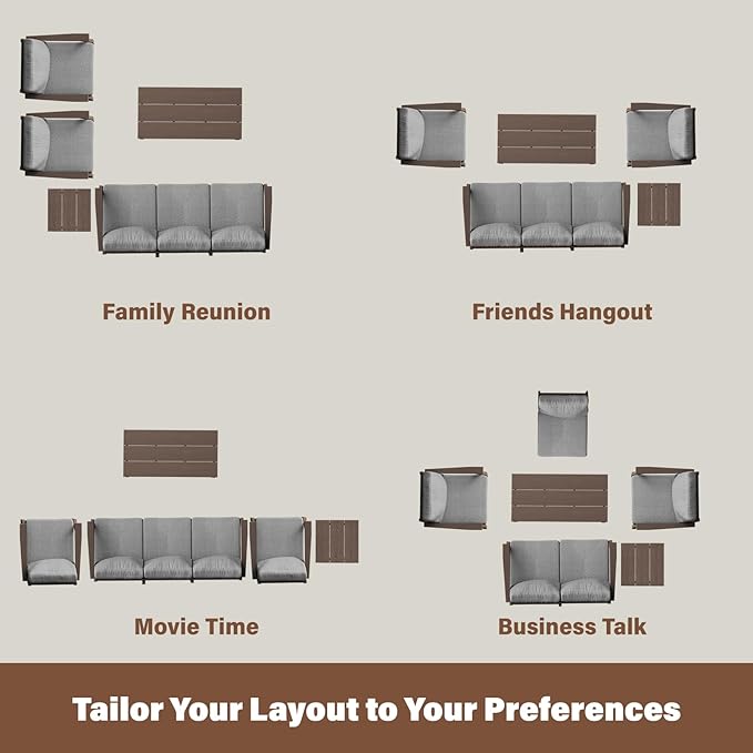 HDPE Patio Conversation Set, 7-Piece All Weather Outdoor Furniture Set with 2 Single Armchairs for Deck, Lawn, with Cushion, Brown