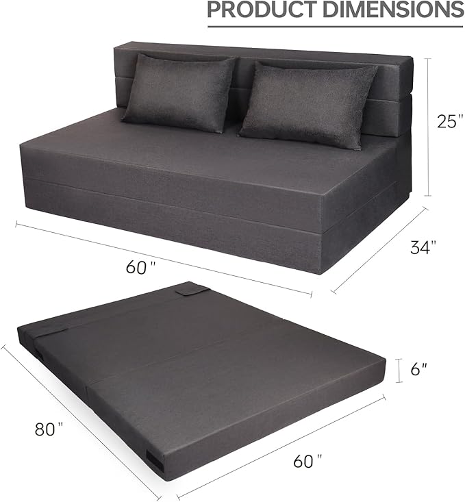 Folding Sofa Bed with Pillow, Foldable Bed Sleeper Chair with Washable Cover, Convertible Sofa Chair, Fold Out Couch,Futon Couch for Living Room, Dorm, Guest Room, Queen Size, Dark Grey