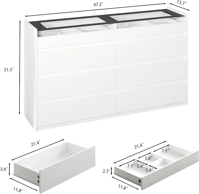 LIVAUVEAD White 8 Drawer Dresser for Bedroom with LED Light, Modern Dresser Chest of Drawers with Hidden Handles and Glass Top, Dressers Organizer for Bedroom, Closet, Living Room