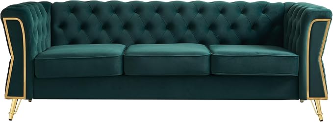 KEIKI 87" Chesterfield Velvet Button Tufted Sofa with High Density Foam Cushions, Modern Style 3-Seater Couch with Gold Strip Trim Decoration, Easy Assembly, for Apartment, Living Room, Office, Green
