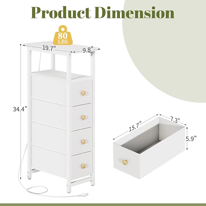 Yoobure LED Narrow Nightstand with Charging Station - Slim Dresser for Bedroom Narrow Side Table Storage Cabinet, Small Dressers Chest of Drawers, Tall Night Stand End Table for Small Spaces, White - Image 2