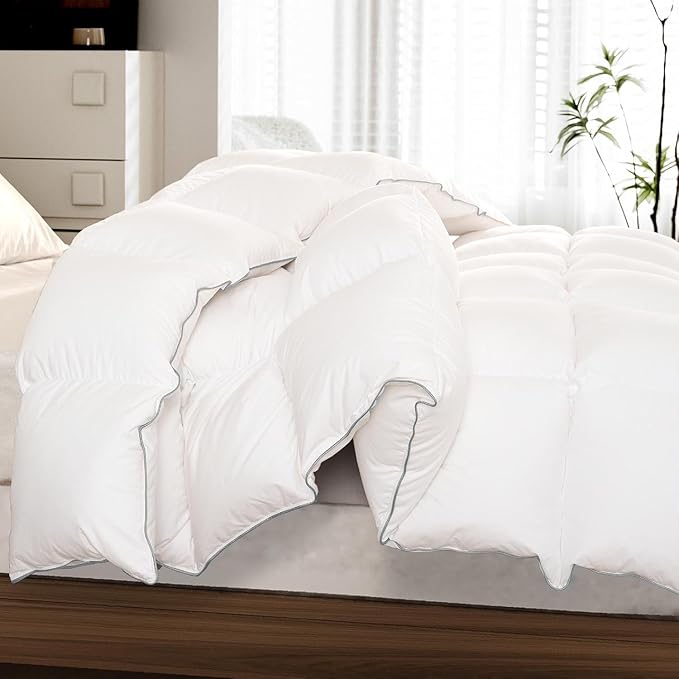 Down Fiber Comforter California King Size – All Season Fluffy White Duvet Insert, Lightweight Warm Feather Bedding, Soft 100% Cotton Cover, 104x96 in
