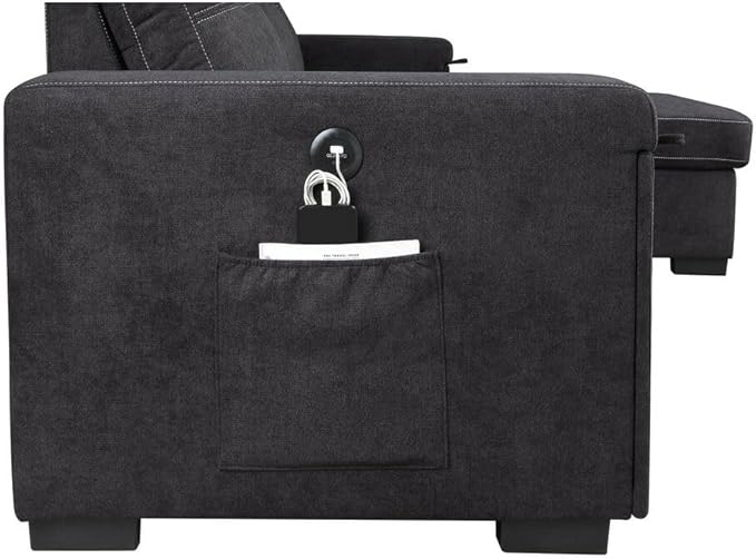 ERYE Modern Reversible Tufted Sleeper Sectional Sofa W/Pull Out Couch Bed and Storage Chaise, L-Shaped Woven Linen Fabric Upholstered Sofa&Couch Convertible Sofabed with Hidden Cupholders & USB Ports