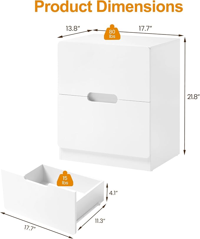RoyalCraft White Nightstand Set of 2, Night Stand with Drawers, Modern Bedside Table with Handless Design, Wood End Table for Bedroom, Hallway - Image 2