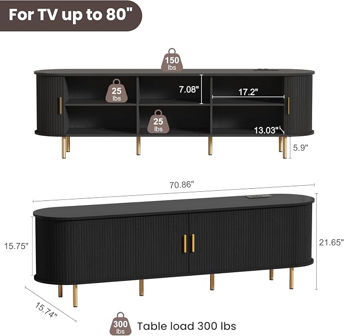 DHH 70.8 Inch Mid Century Modern TV Stand with Power Outlet for TVs up to 80 Inch, Entertainment Center with Storage and Adjustable Shelves, Media Console with Sliding Doors for Living Room, Black - Image 2