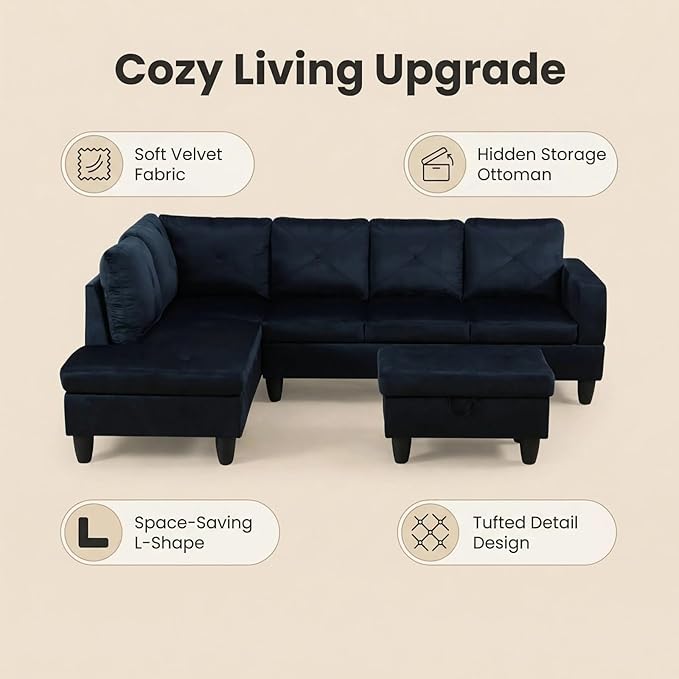 Microfiber Sectional Couch, L-Shape Sofa with Storage Ottoman, Modern 3-Piece Sofa Set for Living Room, Contemporary Upholstered Couch Set with Solid Wood Frame for Apartment, Midnight Blue