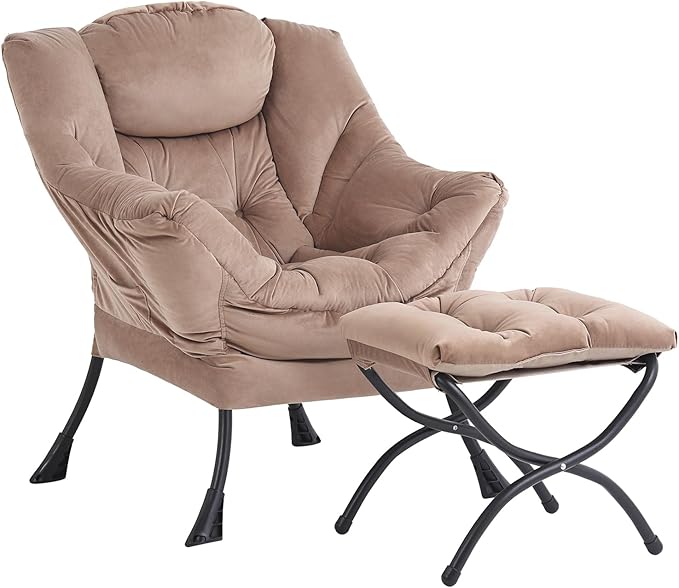 Lazy Chair and Ottoman, Large Velvet Brown Accent Chair with a Side Pocket, Modern Leisure Upholstered Sofa Reading Armchair with Footrest for Office, Bedroom, Living Room, Dorm Rooms, Balcony