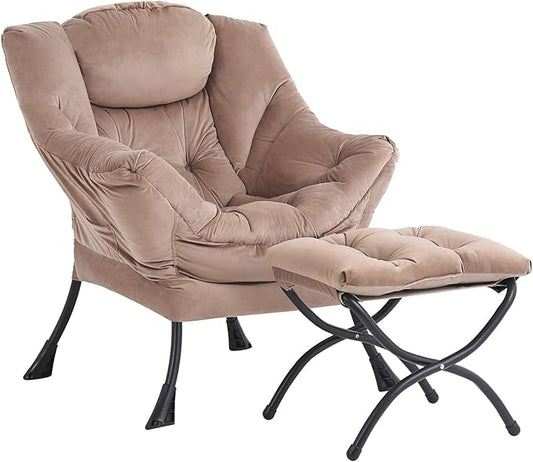 Lazy Chair and Ottoman, Large Velvet Brown Accent Chair with a Side Pocket, Modern Leisure Upholstered Sofa Reading Armchair with Footrest for Office, Bedroom, Living Room, Dorm Rooms, Balcony