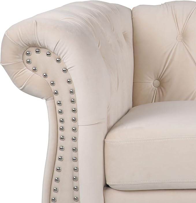 LEVNARY Velvet Chesterfield Sofa, Classic Tufted Upholstered Couch, Modern 3 Seater Couch Long Settee Furniture with Tufted Back for Living Room Office (Beige)