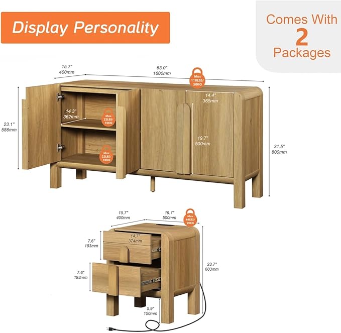 WAMPAT 2 Piece Bedroom Set, Modern 63" Wide Dresser Cabinet and Nightstand Set with Charging Station,Wood Storage Closet Chest with Curved Profile Handles for Bedroom,Light Walnut