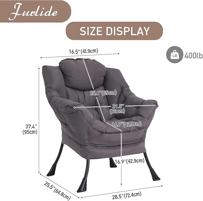 Furlide Lazy Chair for Living Room, Modern Accent Chairs with Armrests, Dark Grey Armchairs with Side Pocket, Cozy Lazy Sofa for Reading, Balcony, Bedroom, Dorm, Small Spaces
