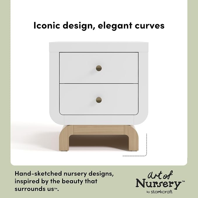 Storkcraft Santorini 2 Drawer Nightstand (White & Driftwood) - GREENGUARD Gold Certified Nightstand for Kids Bedroom, Premium Wood with Curved Base, “Champagne” Metal Knobs - Image 4