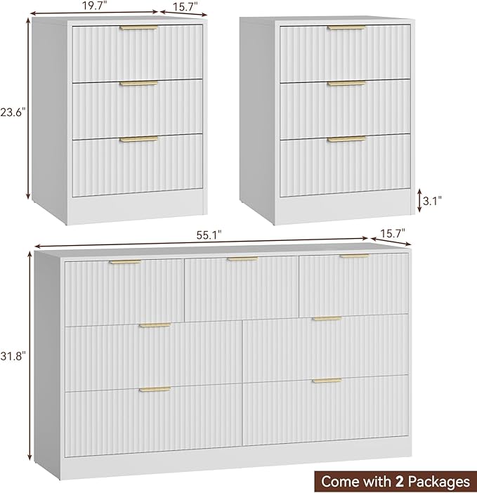 7 Drawer Dresser & Nightstand Set, 3-Piece White Fluted Dresser and Night Stand Set of 2 with Metal Handle, Modern Wood Chest of Drawers Storage Dressers Set for Bedroom, White