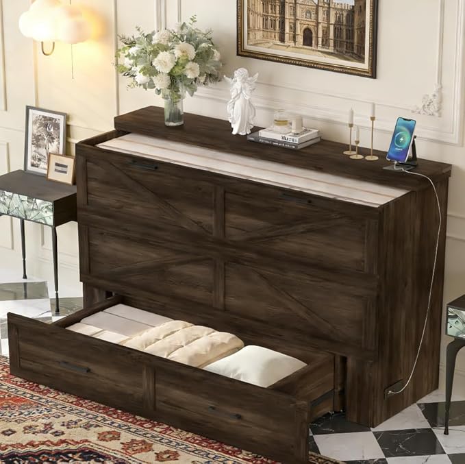 Bellemave Queen Murphy Bedframe, Cabinet Bed with Charging Station and Storage, Farmhouse Murphy Cabinet with Foldable Panel, Noisy Free, for Guest Bedroom, Living Room, Office, Rustic Gray