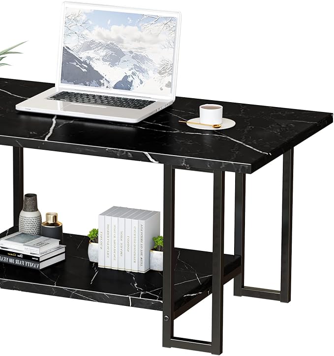 AWQM Marble Coffee Table, Faux Marble Top Rectangular Coffee Table with Black Metal Frame, 2 Tier Living Room Table for Living Room, Office, Balcony, Black, 40 Inch (GJ09)