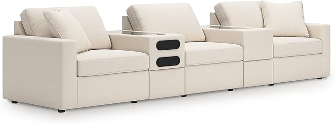 Signature Design by Ashley Modern Modmax Stain Resistant 5-Piece Sectional with Audio System and Reversible Cushion, Beige