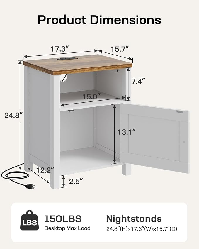 Marsail Farmhouse Nightstand Set of 2 with Charging Station, Wood Bedside Table with USB Port & AC Outlet, Open Shelf and Enclosed Cabinet, Side Table with Storage for Bedroom, Brown and White - Image 3