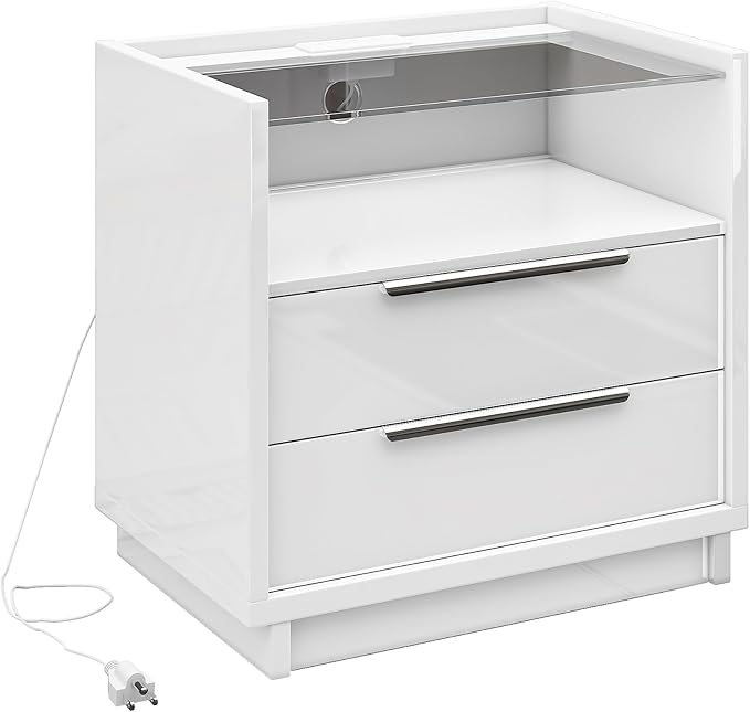 AMERLIFE Nightstand Set of 2, 23.6" End Table with Charging Station, Modern High Gloss Bedside Table with Glass Top, Spacious Drawers & Open Shelf, Easy Assembly, Nightstand for Bedroom, White - Image 8