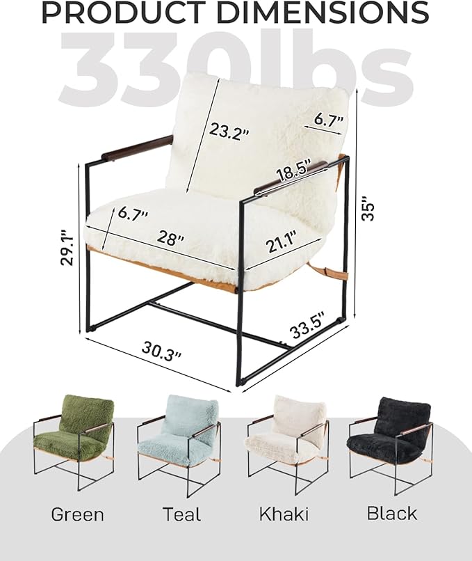 Karl home Modern Accent Chair Plush Fleece Upholstered Living Room Chair with Metal Frame Wooden Armrest Comfy Lounge Armchair for Living Room, Bedroom, Balcony, Reading Room, Creamy