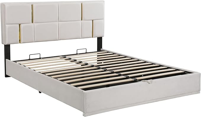 Queen Size Lift Up Storage Bed, PU Leather Upholstered Platform Bed with Hydraulic Storage System and Wooden Slats Support, No Box Spring Needed - Beige