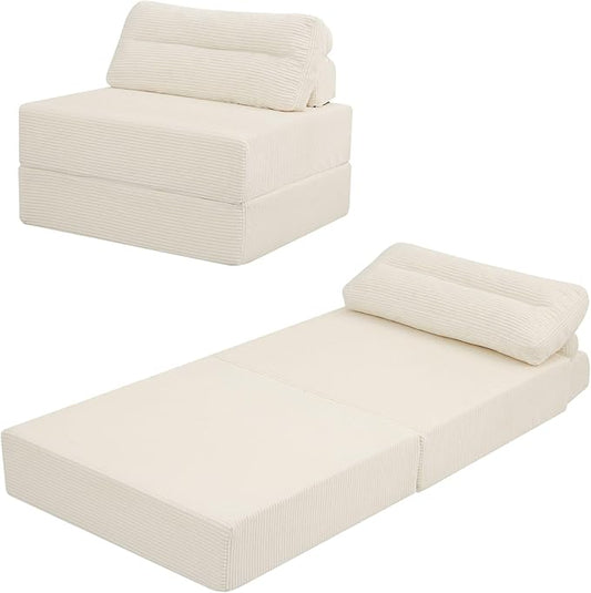 MeMoreCool Folding Sofa Bed – Convertible Sleeper Chair with Pillow, Beige, 31.5″ × 70.1″ Shredded Foam Lounge Chair for Living Room, Bedroom, Small Spaces | Headrest & Lumbar Support, Corded Fabric