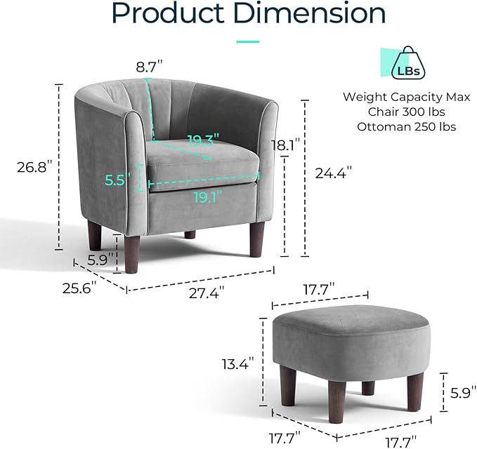 LINSY Accent Chair with Ottoman, Modern Barrel Chair Comfy Armchair Reading Chair with Footrest, Round Arms Chair for Living Room Bedroom Reading Room, Velvet, Light Grey