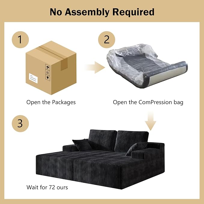 106" Boneless Couches for Living Room, Modular Sectional Sofa, L-Shape Sofa Couches,Cloud Couch Sectional, Comfy Corduroy Sofa, with Deep Seat, No Assembly Required (Black, Loveseat Chaise)