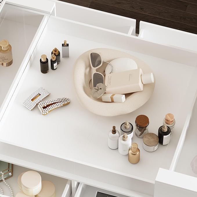 Armoire Bedroom Island Wardrobe Closet Island with 12 Drawers & Sliding Glass Tabletop, Island Dresser with Expandable Design, Closet Island for Bedroom Cloakroom White 63”W x 31.5”W x 35.8”H