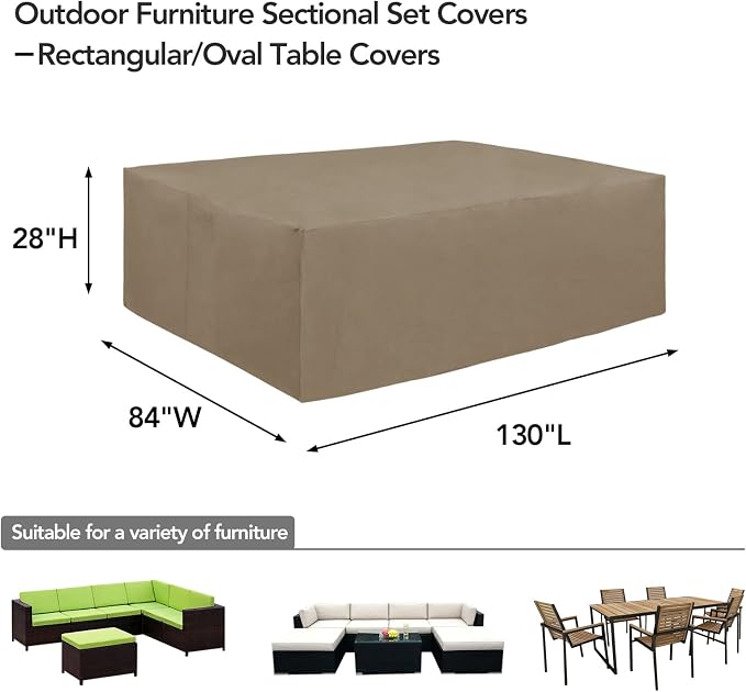 Easy-Going 600D Heavy Duty Patio Furniture Cover, Outdoor Rectangular Table and Chair Set Cover, Waterproof Outdoor Sectional Set Cover (130" L x 84" W x 28" H, Camel) - Image 2