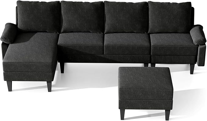 Sectional Couches for Living Room Furniture Sets, 4 Seat L Shaped Couches with Ottoman, Modular Sectional Sofa for Apartment Furniture Sets, Linen Black