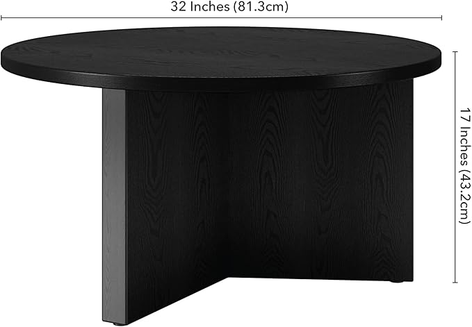Henn&Hart 32" Round Wood Pedestal Coffee Table for Living Room, Family Room, Office, or Apartment, Natural Black
