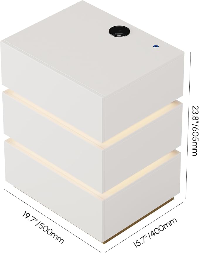 homary 3-Drawer LED Smart Nightstand with Wireless Charging, USB & Type-C Ports – Modern White Bedside Table with Storage and Adjustable Light, Bedroom Night Stand with Glossy Stainless Steel Base - Image 2